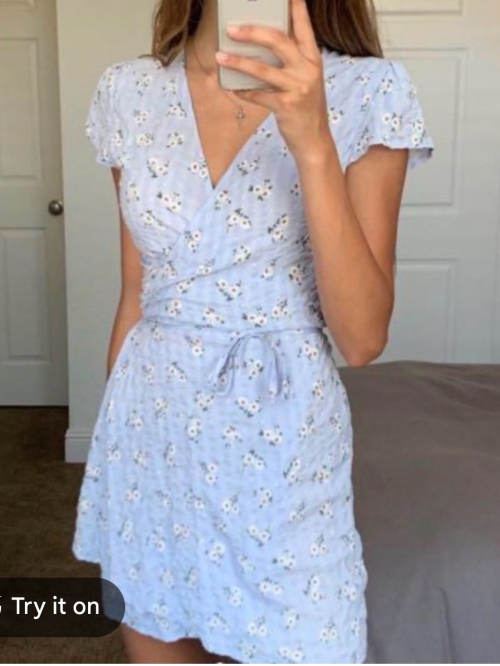 Light Blue Floral Wrap Mini Dress